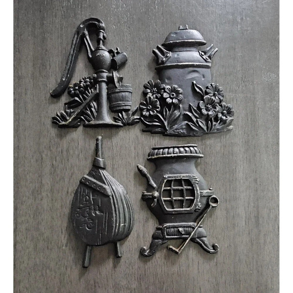 Vtg Primitive Wall Art SEXTON Cast Metal Milk Can Water Pump Wood Stove Lot Of 4 - Picture 2 of 8